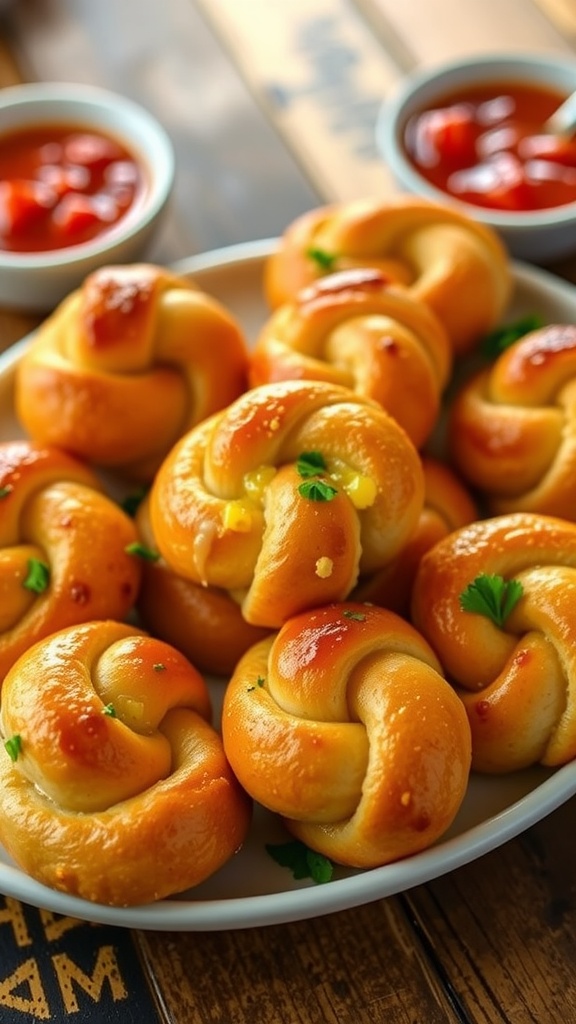 Cheesy garlic knots on a plate with melted butter and parsley, next to marinara sauce.